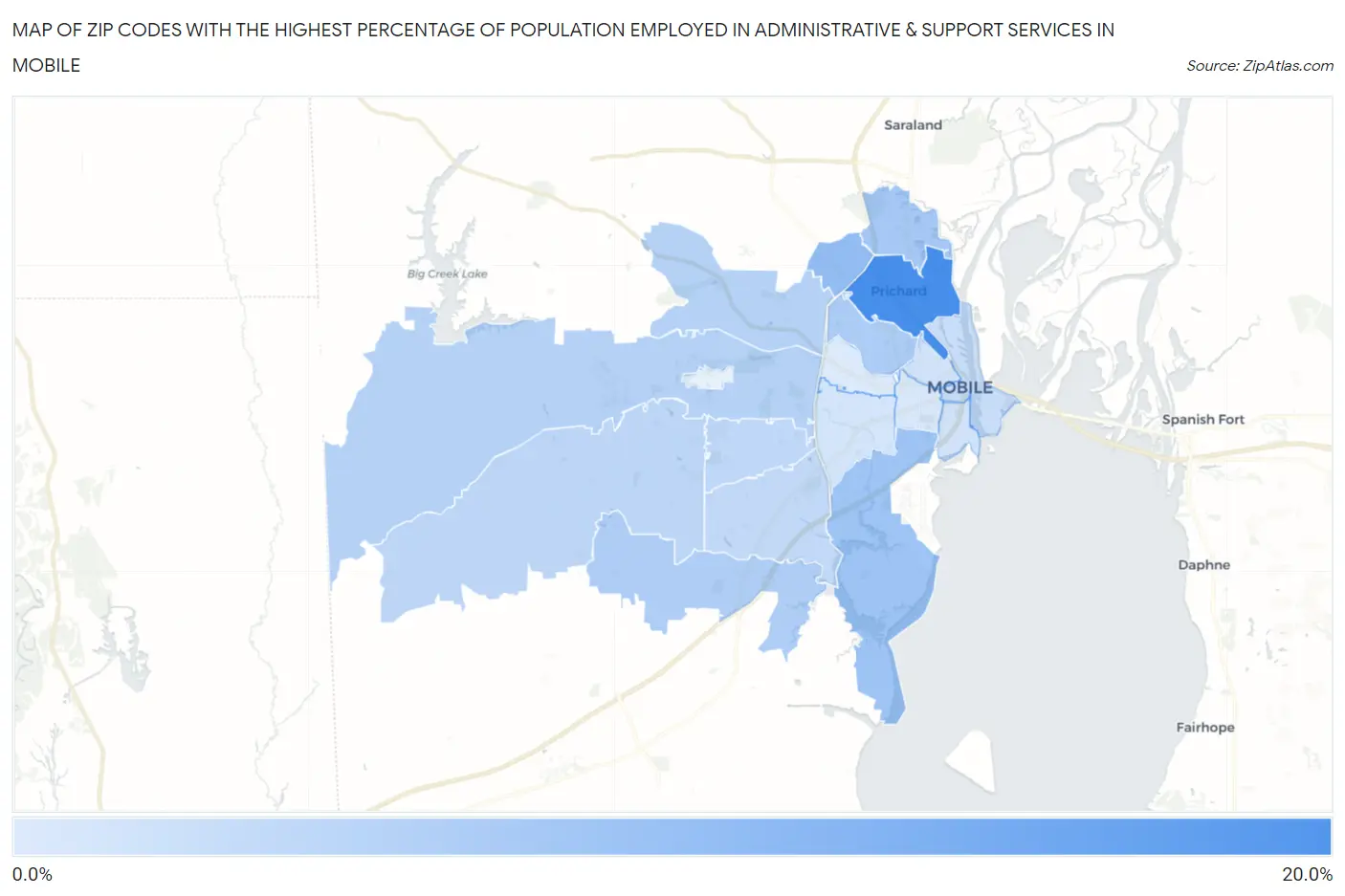 Zip Codes with the Highest Percentage of Population Employed in Administrative & Support Services in Mobile Map