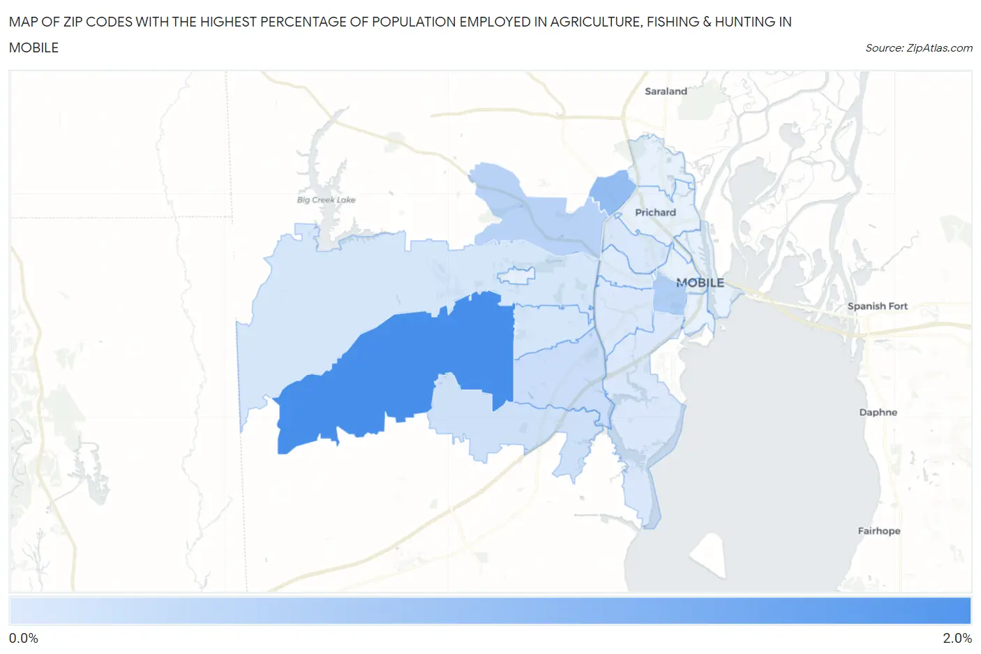 Zip Codes with the Highest Percentage of Population Employed in Agriculture, Fishing & Hunting in Mobile Map