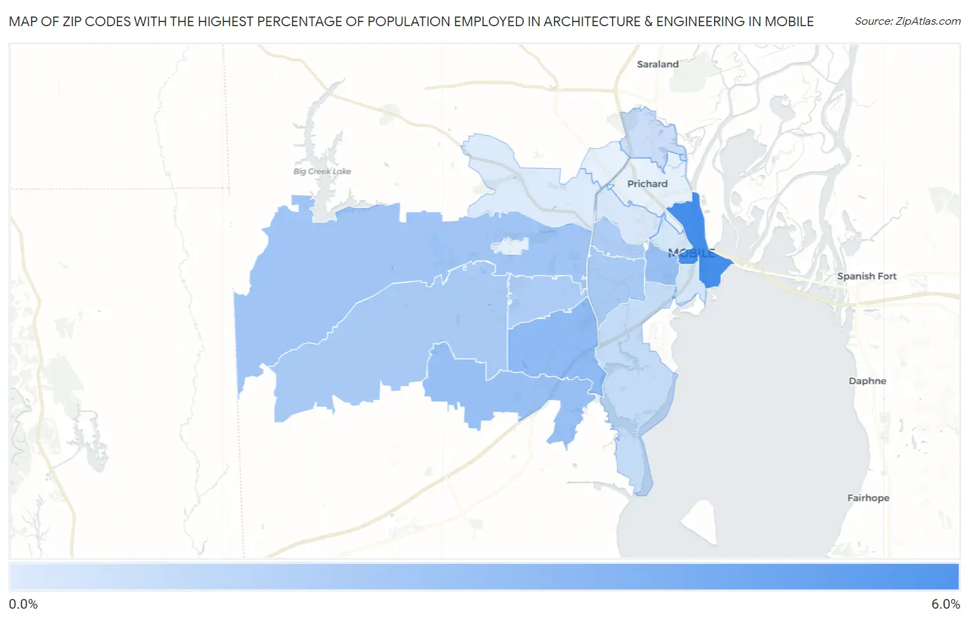 Zip Codes with the Highest Percentage of Population Employed in Architecture & Engineering in Mobile Map
