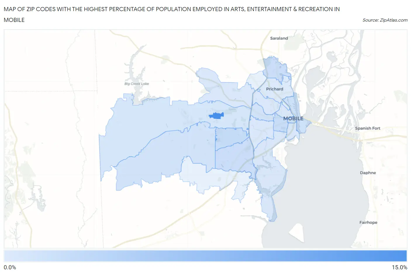 Zip Codes with the Highest Percentage of Population Employed in Arts, Entertainment & Recreation in Mobile Map