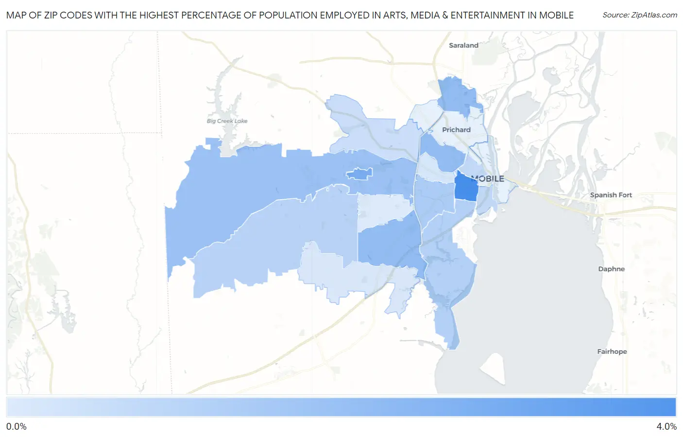 Zip Codes with the Highest Percentage of Population Employed in Arts, Media & Entertainment in Mobile Map