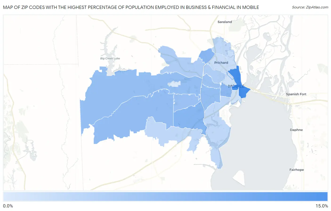 Zip Codes with the Highest Percentage of Population Employed in Business & Financial in Mobile Map