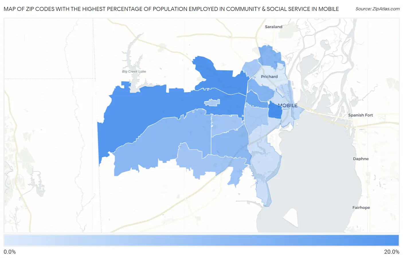 Zip Codes with the Highest Percentage of Population Employed in Community & Social Service  in Mobile Map