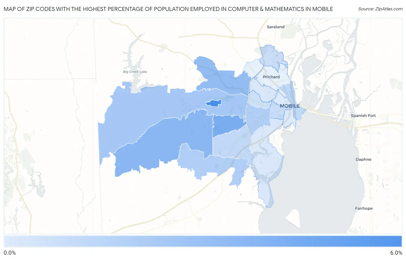 Zip Codes with the Highest Percentage of Population Employed in Computer & Mathematics in Mobile Map