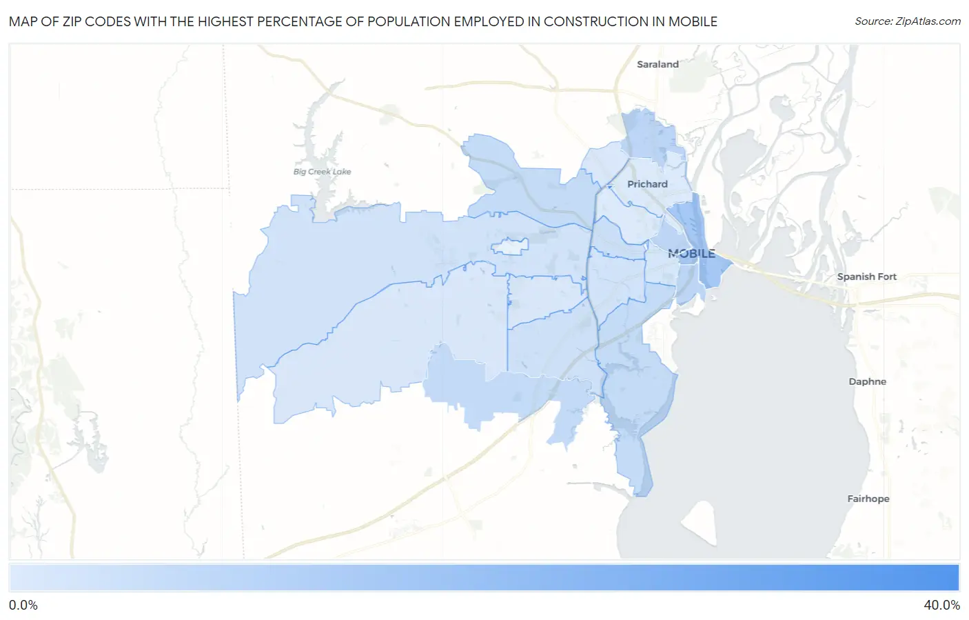 Zip Codes with the Highest Percentage of Population Employed in Construction in Mobile Map