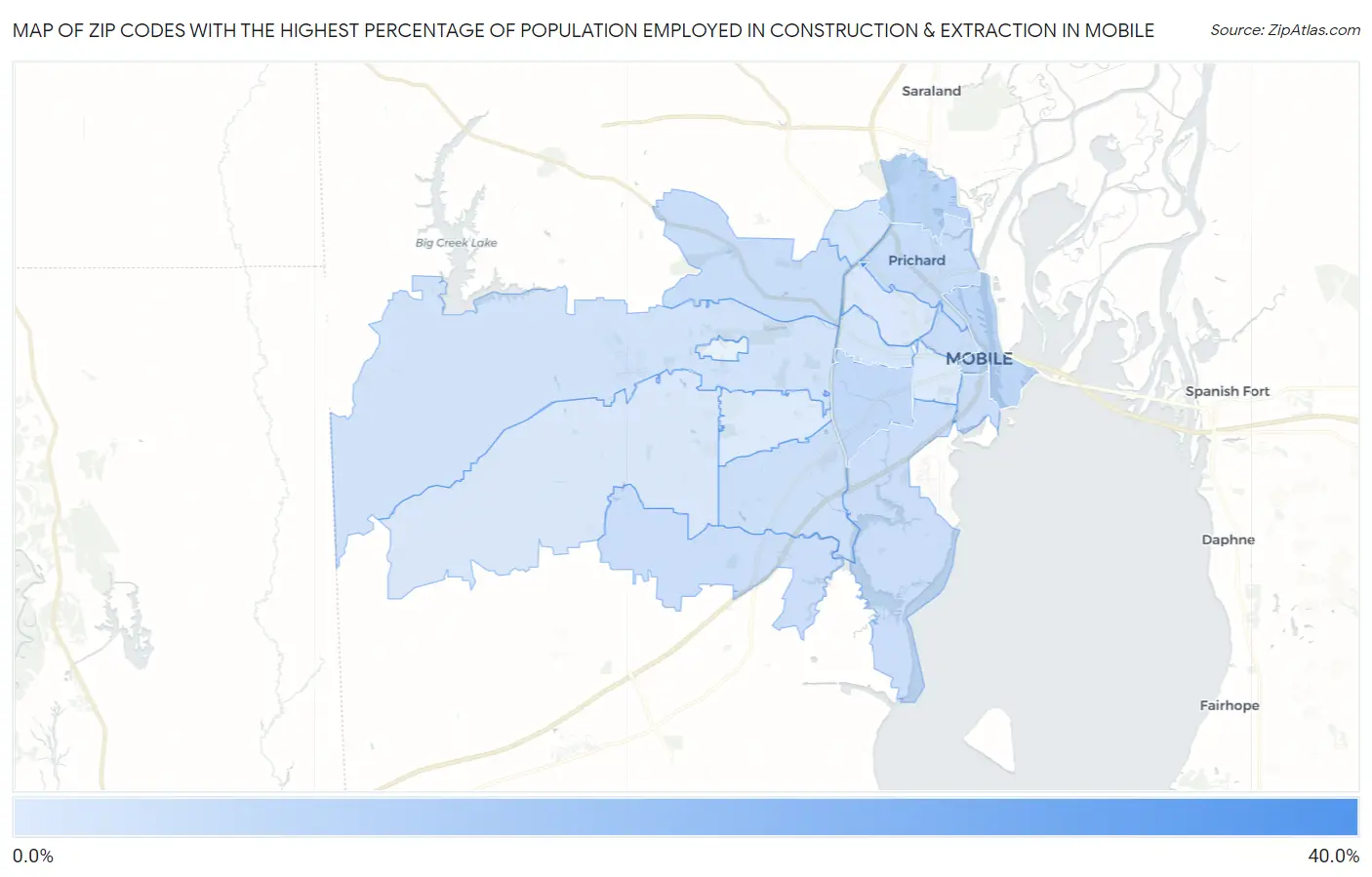 Zip Codes with the Highest Percentage of Population Employed in Construction & Extraction in Mobile Map
