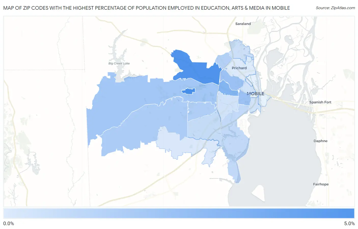 Zip Codes with the Highest Percentage of Population Employed in Education, Arts & Media in Mobile Map