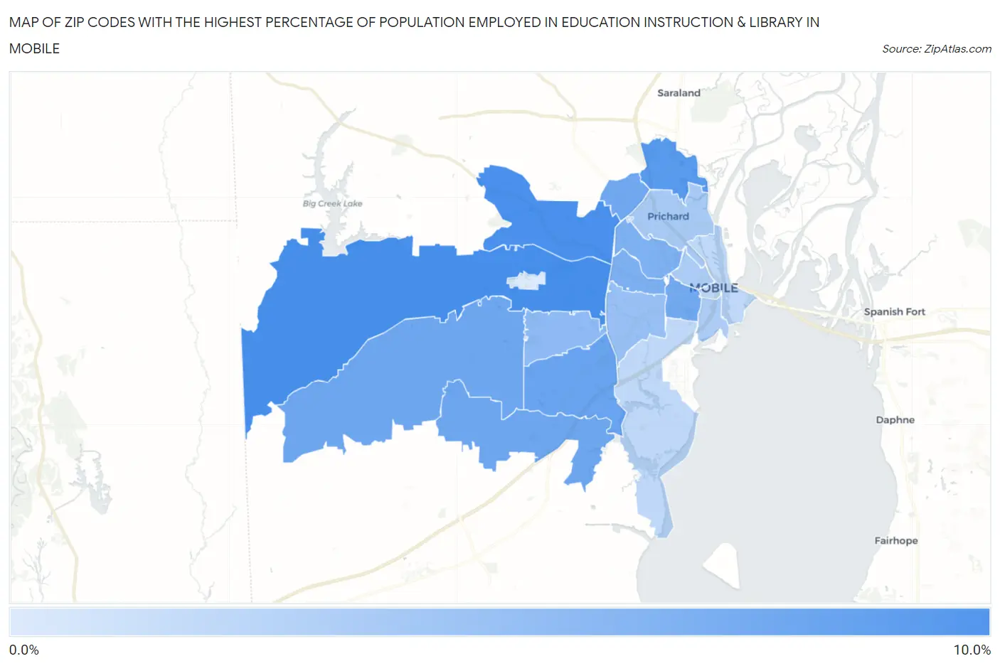 Zip Codes with the Highest Percentage of Population Employed in Education Instruction & Library in Mobile Map