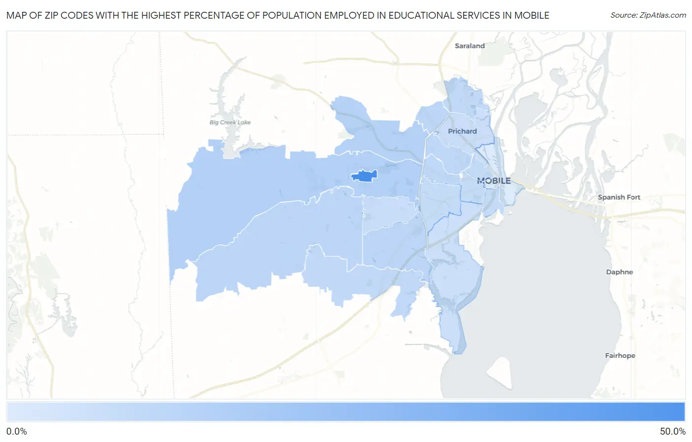 Zip Codes with the Highest Percentage of Population Employed in Educational Services in Mobile Map