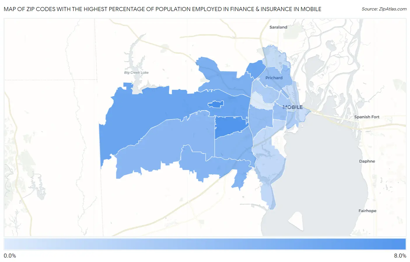 Zip Codes with the Highest Percentage of Population Employed in Finance & Insurance in Mobile Map