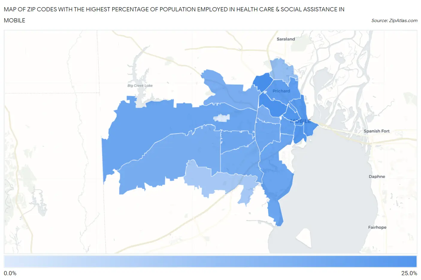 Zip Codes with the Highest Percentage of Population Employed in Health Care & Social Assistance in Mobile Map