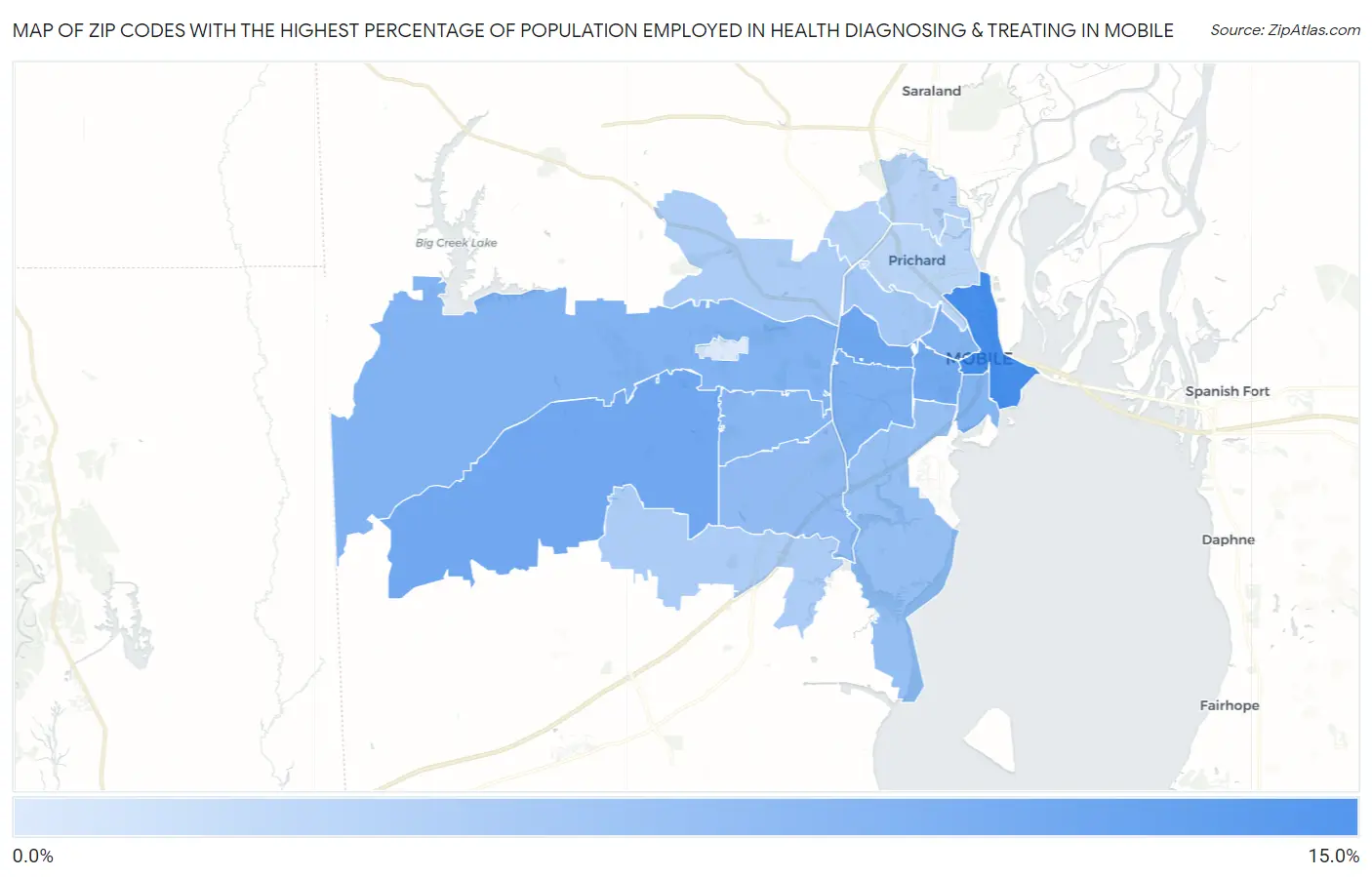 Zip Codes with the Highest Percentage of Population Employed in Health Diagnosing & Treating in Mobile Map