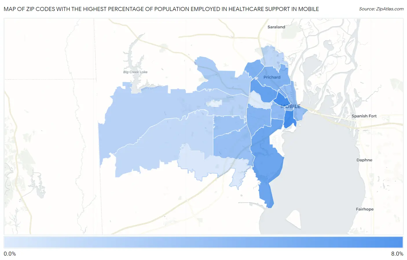 Zip Codes with the Highest Percentage of Population Employed in Healthcare Support in Mobile Map