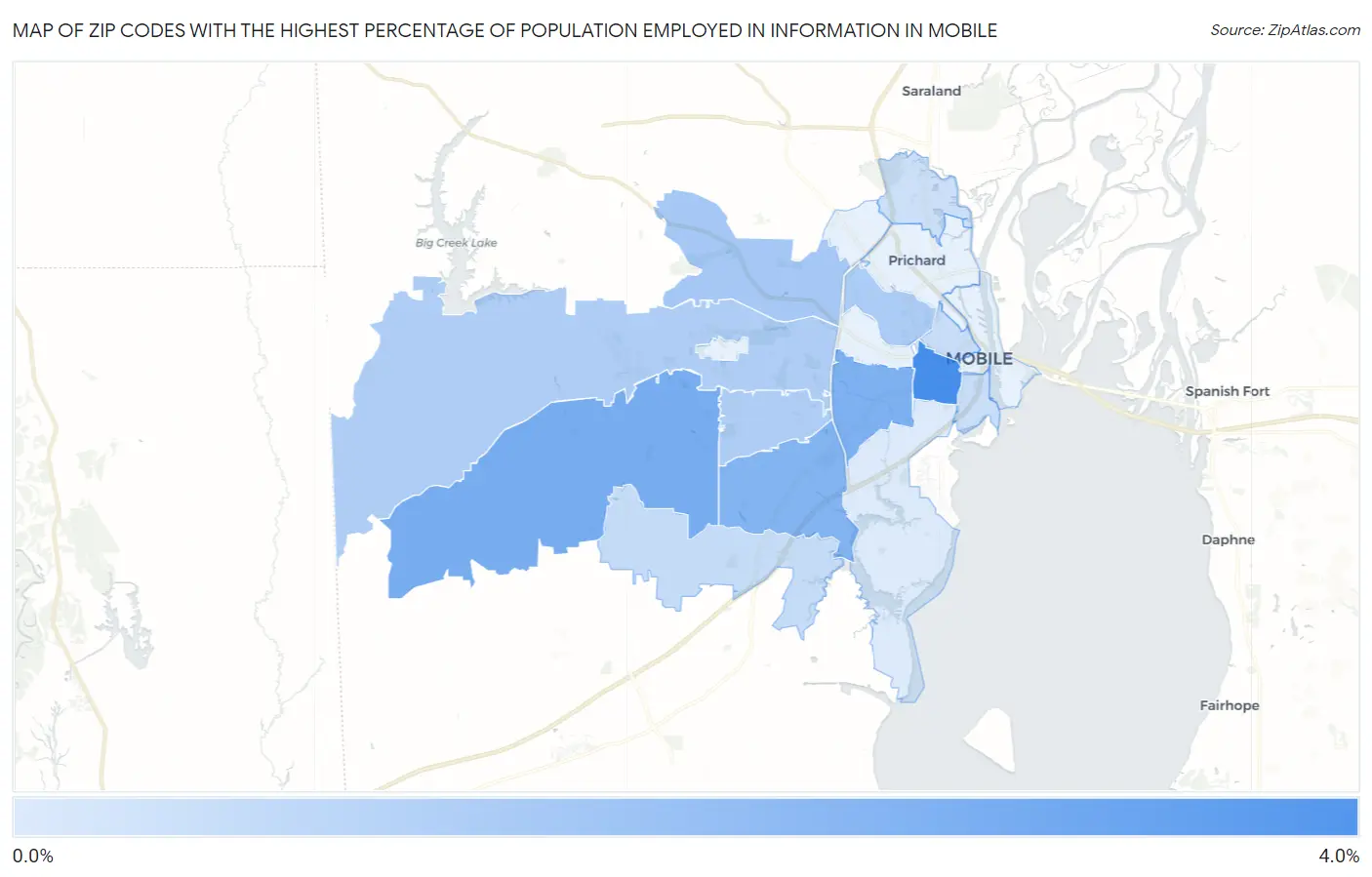 Zip Codes with the Highest Percentage of Population Employed in Information in Mobile Map