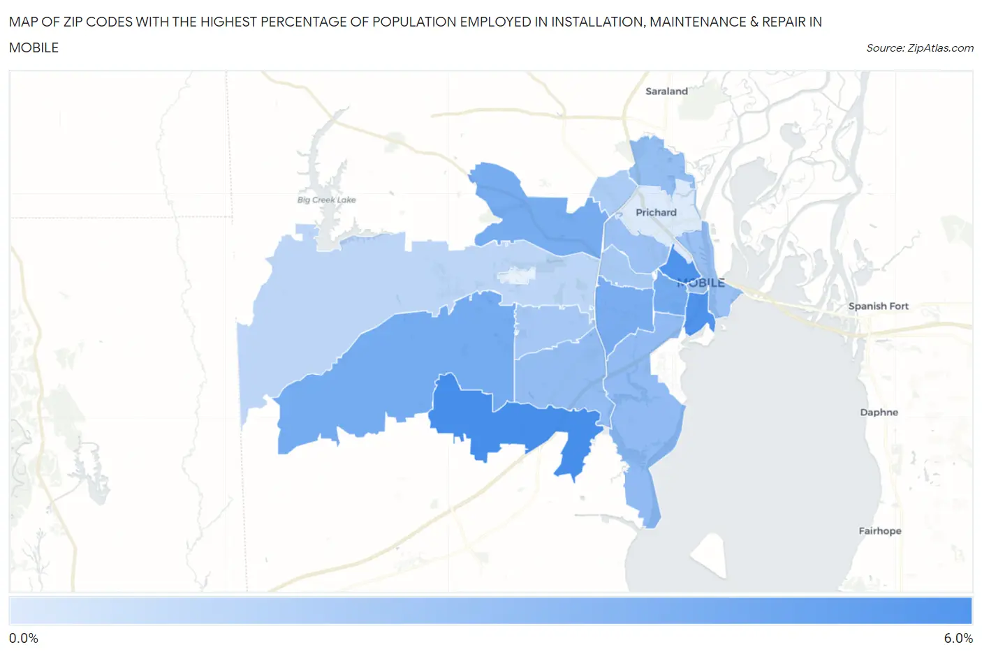 Zip Codes with the Highest Percentage of Population Employed in Installation, Maintenance & Repair in Mobile Map