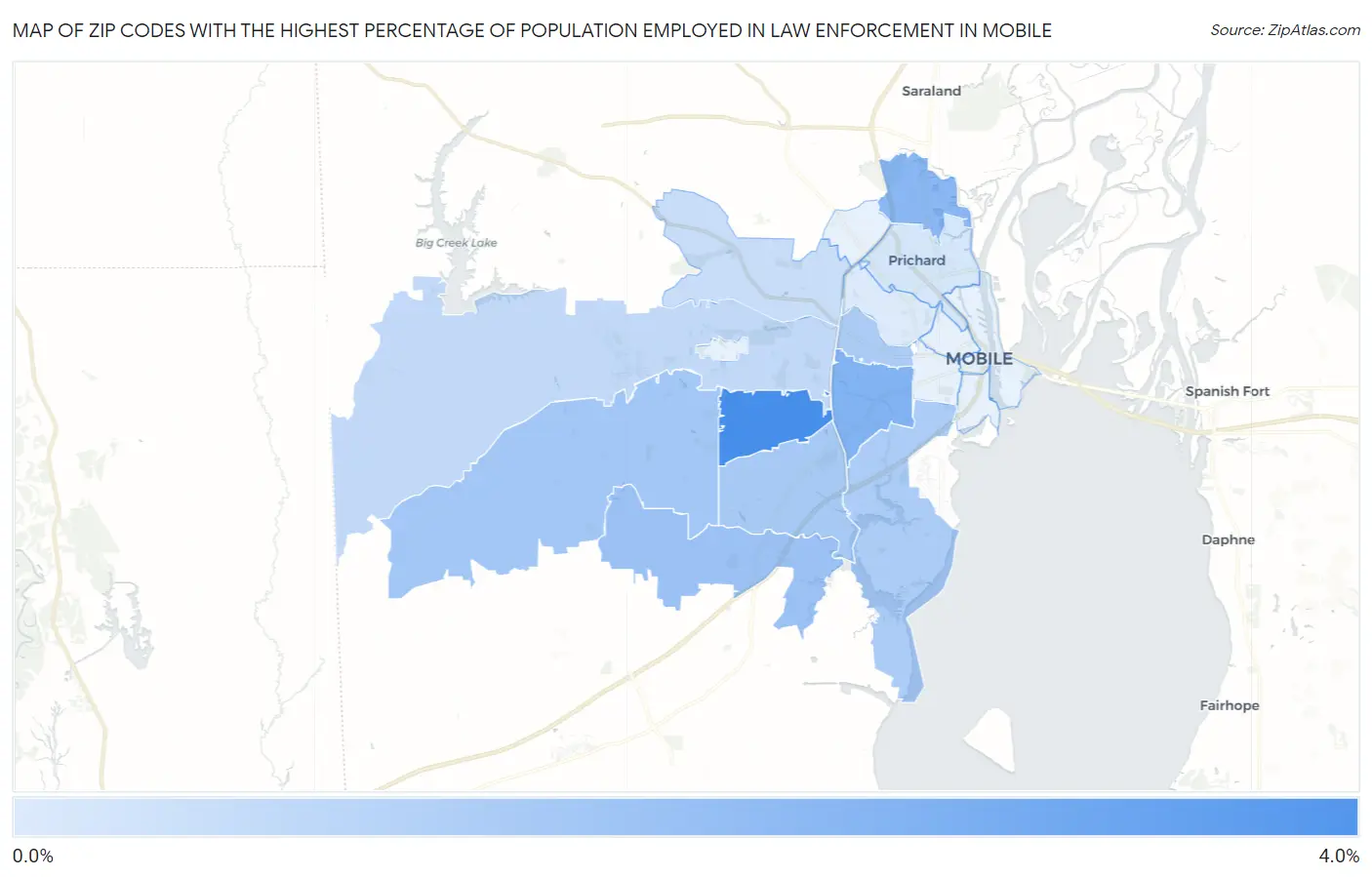 Zip Codes with the Highest Percentage of Population Employed in Law Enforcement in Mobile Map