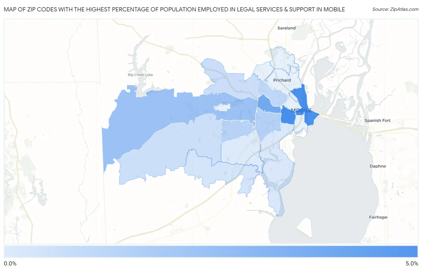 Zip Codes with the Highest Percentage of Population Employed in Legal Services & Support in Mobile Map