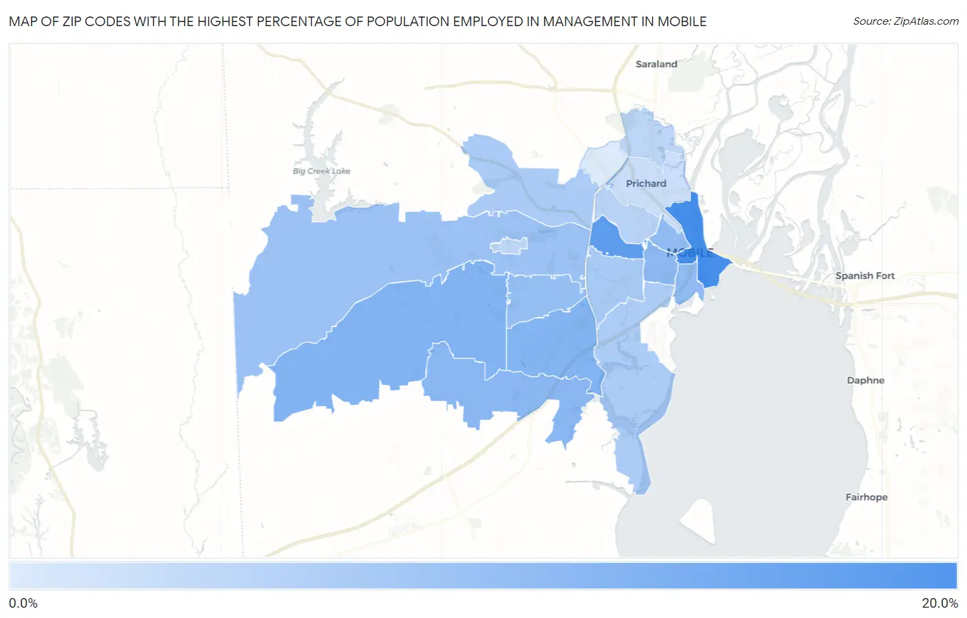 Zip Codes with the Highest Percentage of Population Employed in Management in Mobile Map