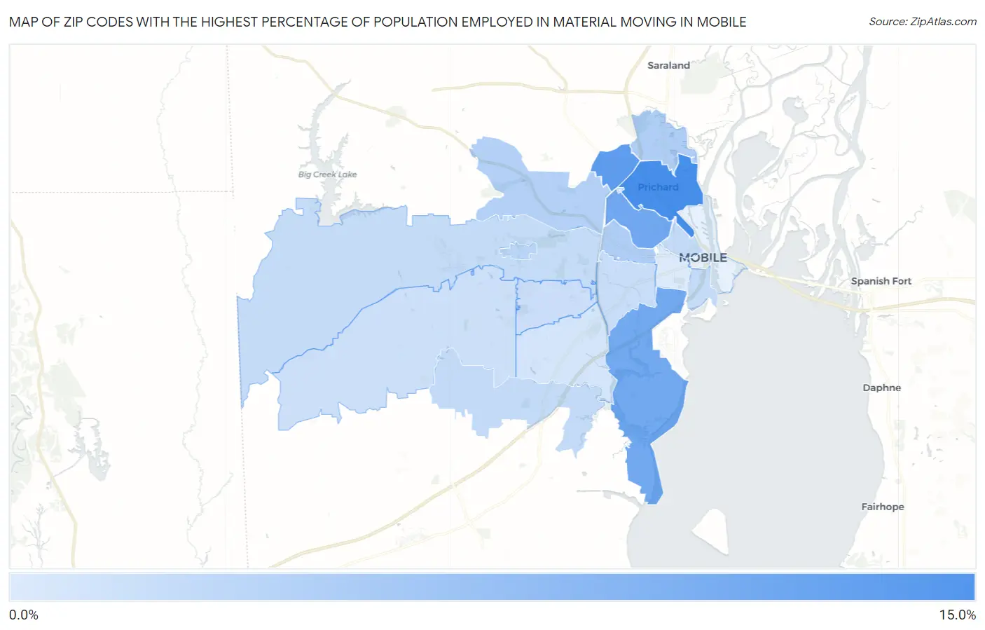 Zip Codes with the Highest Percentage of Population Employed in Material Moving in Mobile Map