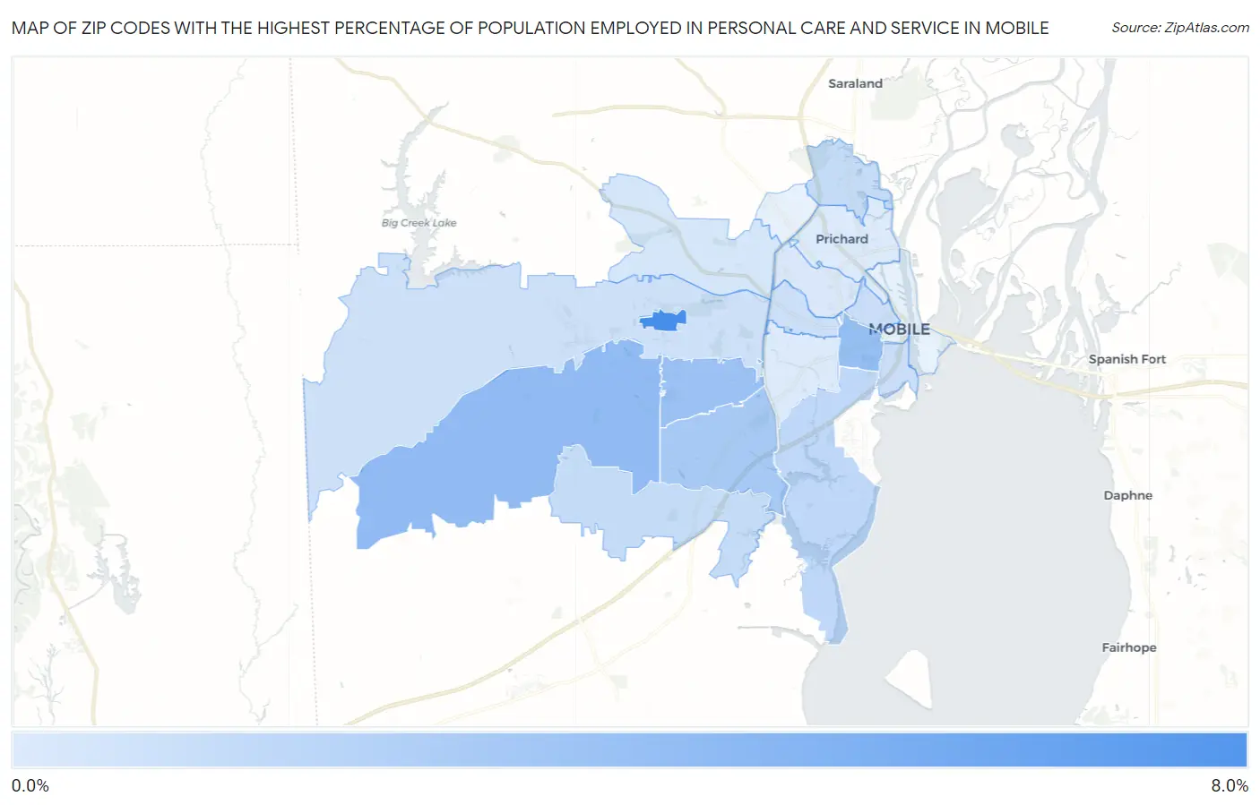 Zip Codes with the Highest Percentage of Population Employed in Personal Care and Service in Mobile Map