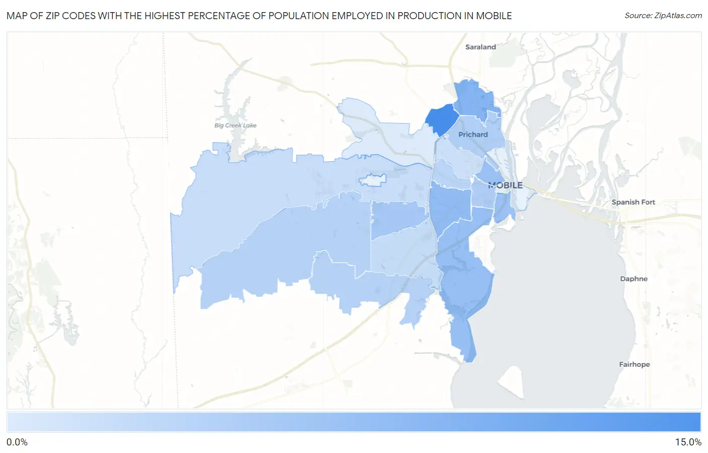 Zip Codes with the Highest Percentage of Population Employed in Production in Mobile Map