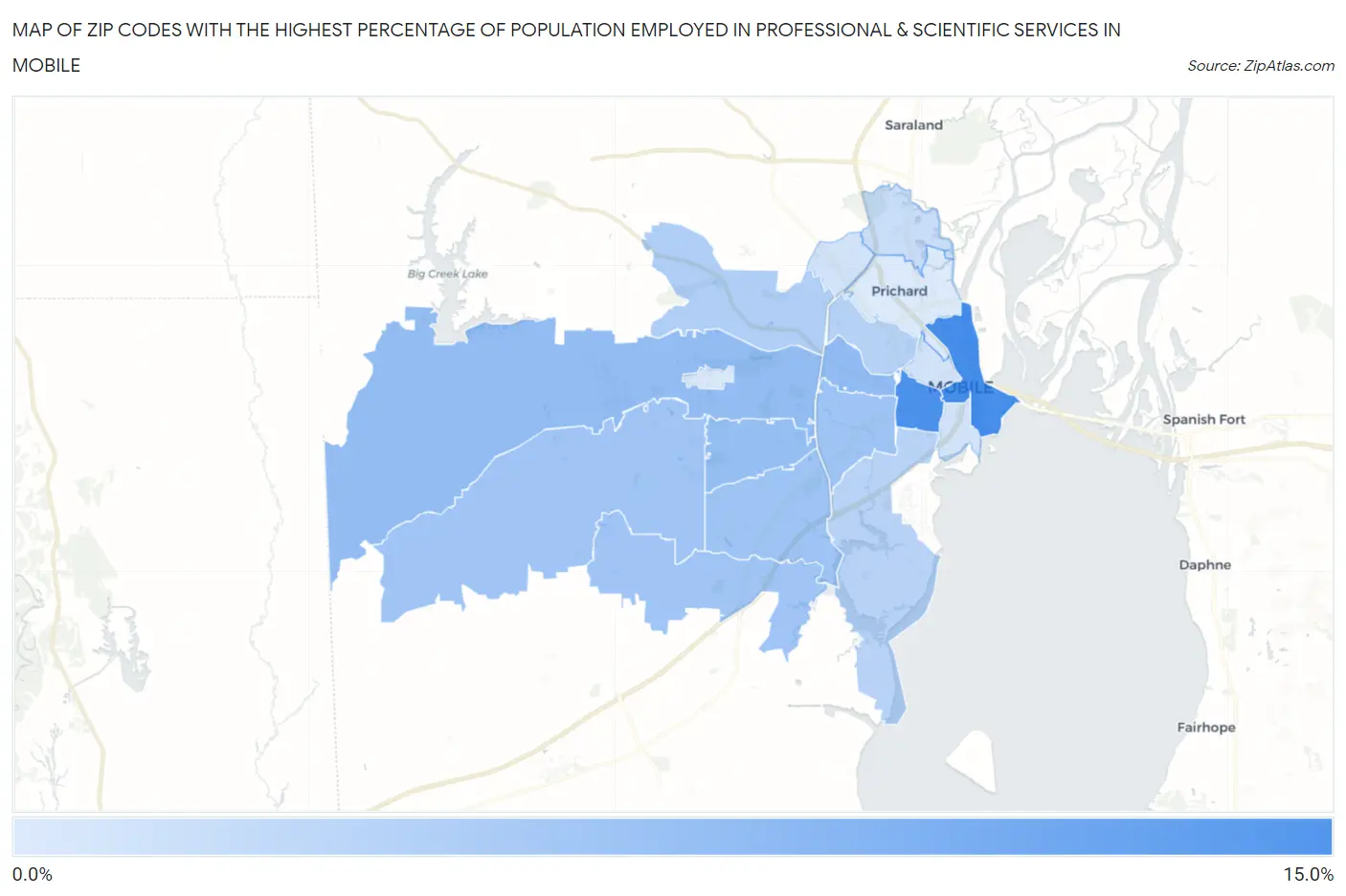 Zip Codes with the Highest Percentage of Population Employed in Professional & Scientific Services in Mobile Map