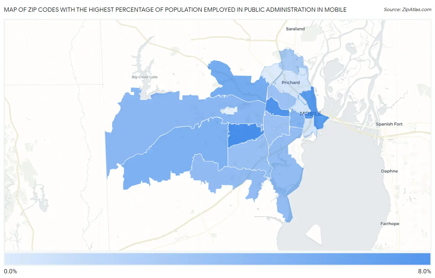 Zip Codes with the Highest Percentage of Population Employed in Public Administration in Mobile Map