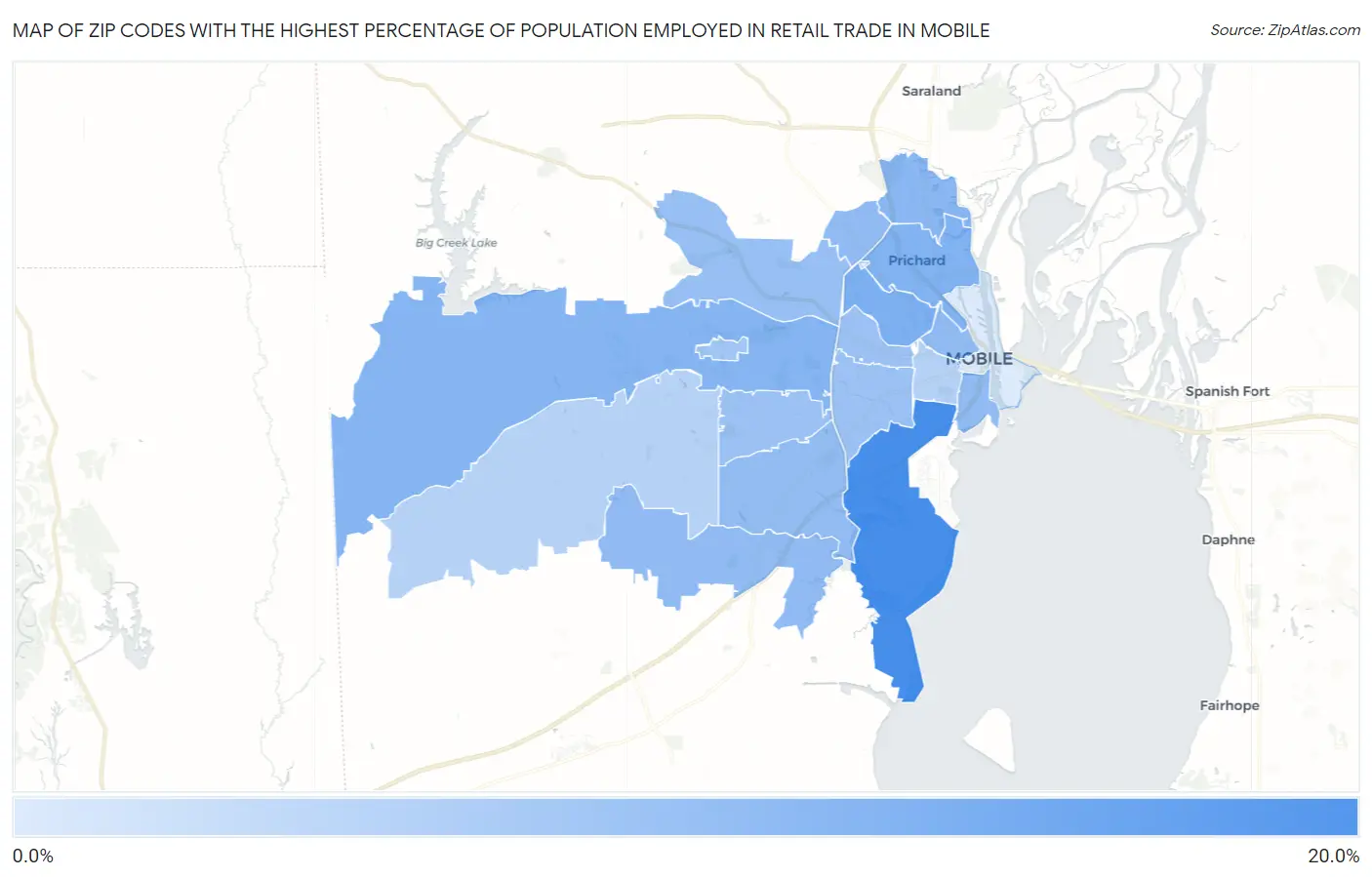 Zip Codes with the Highest Percentage of Population Employed in Retail Trade in Mobile Map