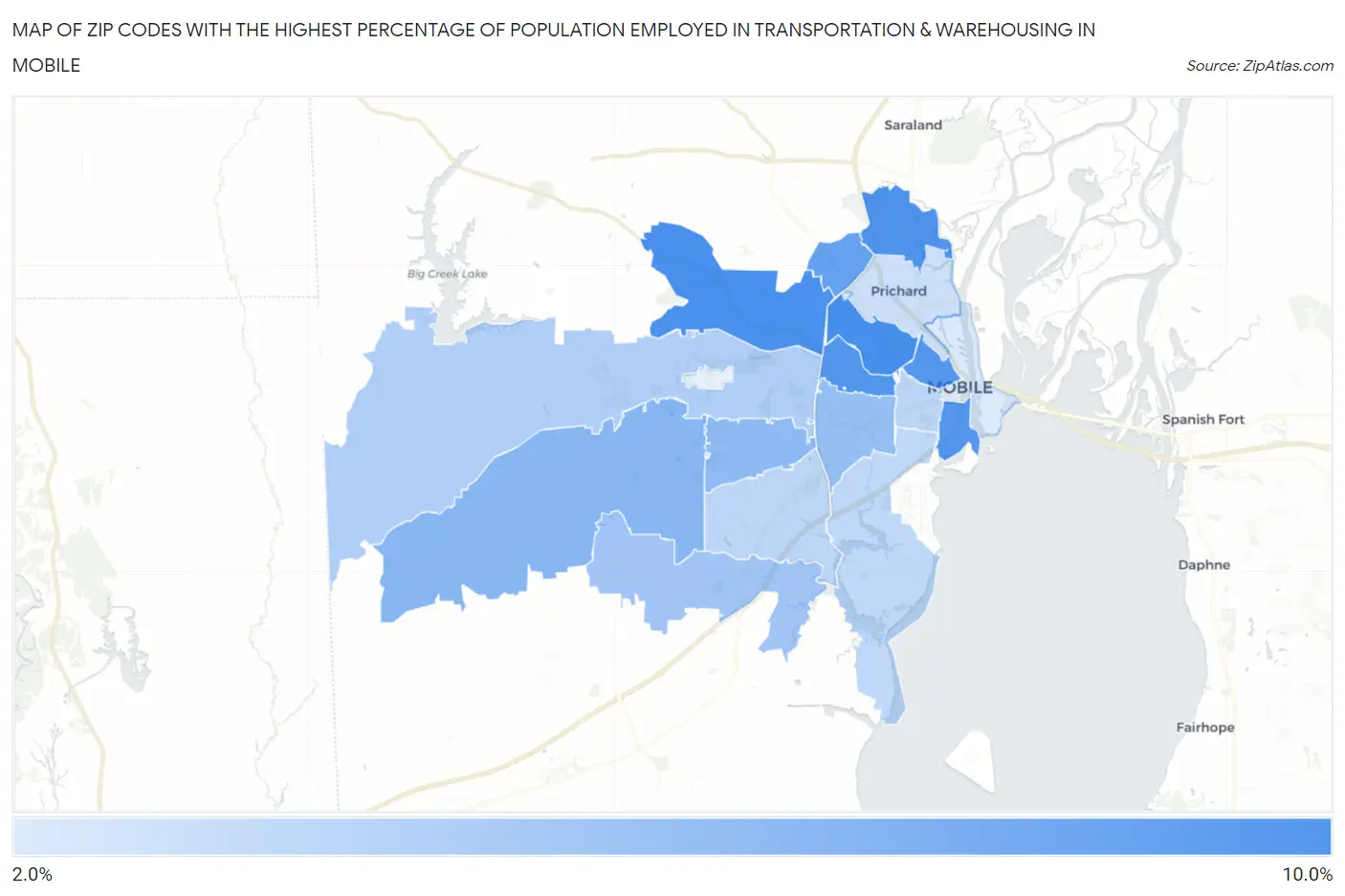 Zip Codes with the Highest Percentage of Population Employed in Transportation & Warehousing in Mobile Map