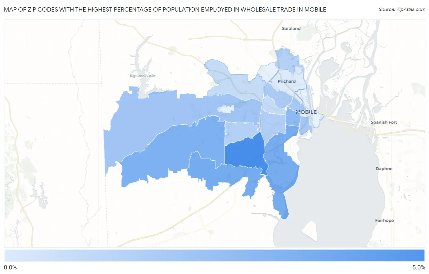 Zip Codes with the Highest Percentage of Population Employed in Wholesale Trade in Mobile Map