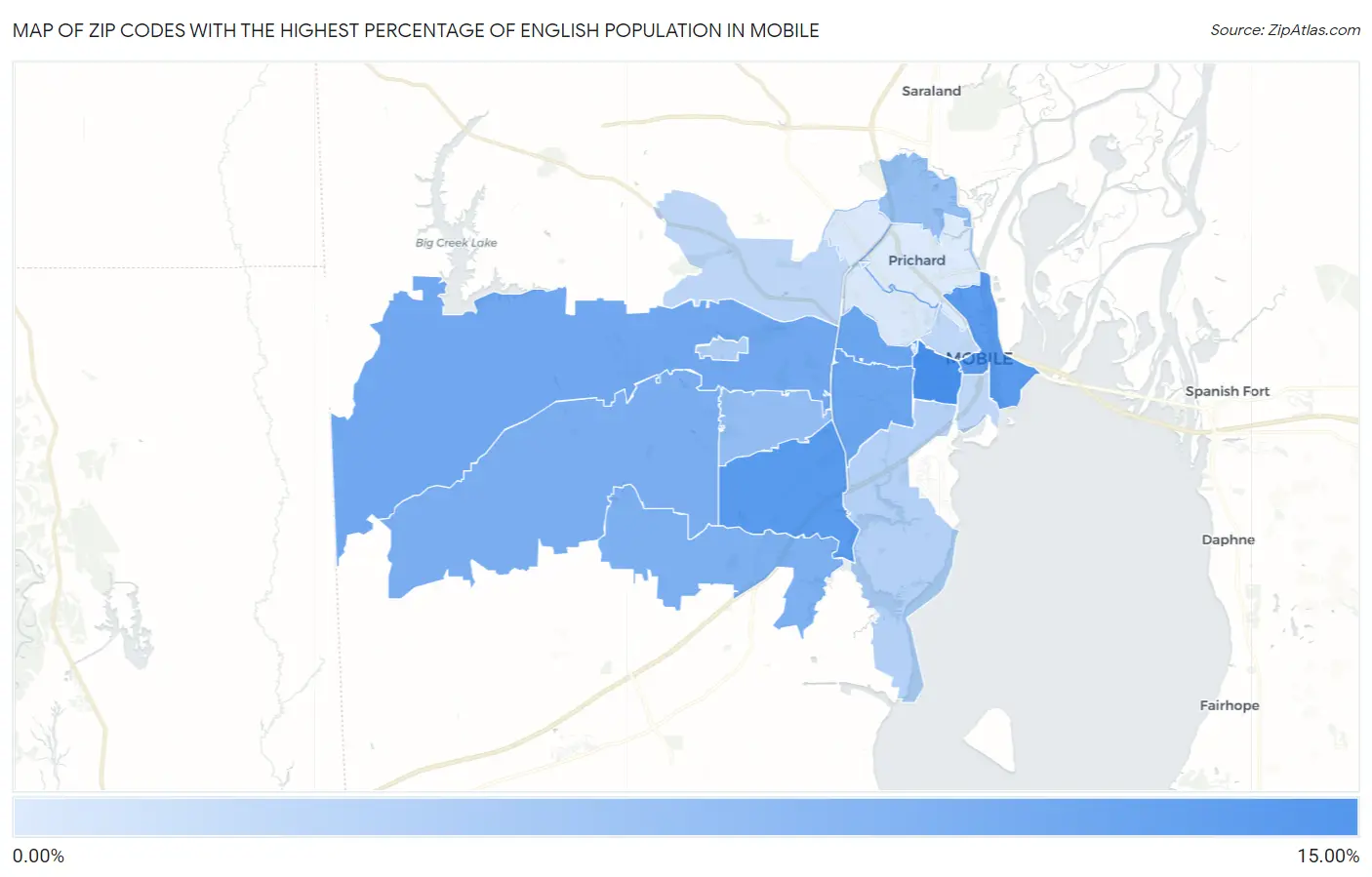 Zip Codes with the Highest Percentage of English Population in Mobile Map