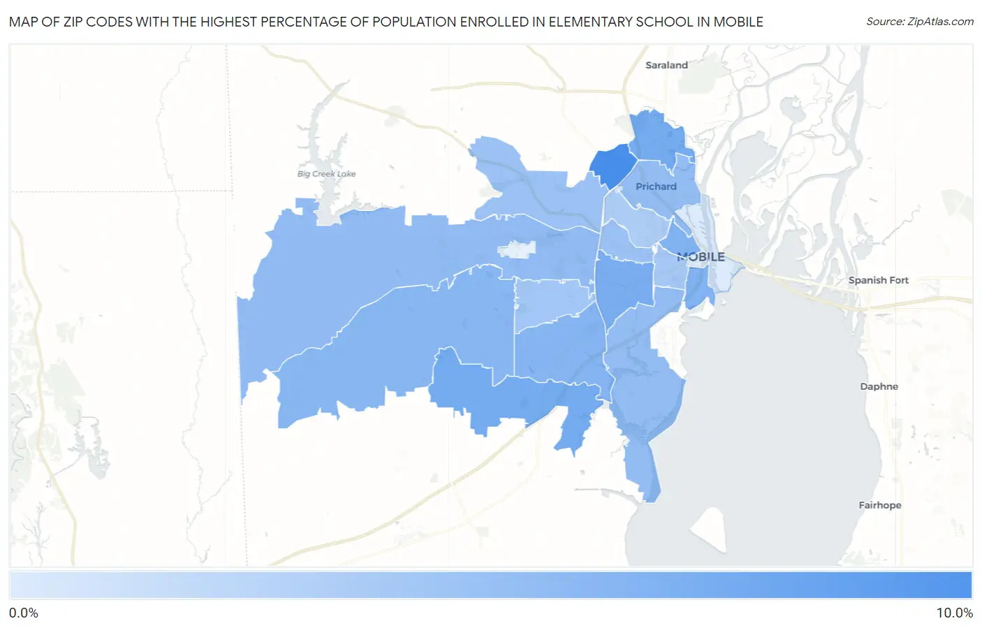 Zip Codes with the Highest Percentage of Population Enrolled in Elementary School in Mobile Map