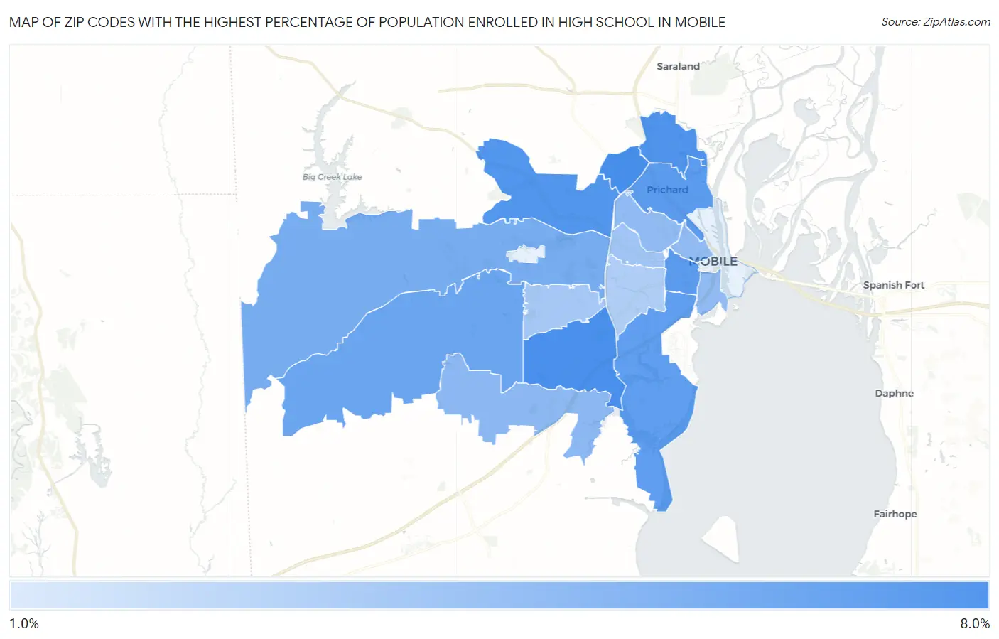 Zip Codes with the Highest Percentage of Population Enrolled in High School in Mobile Map