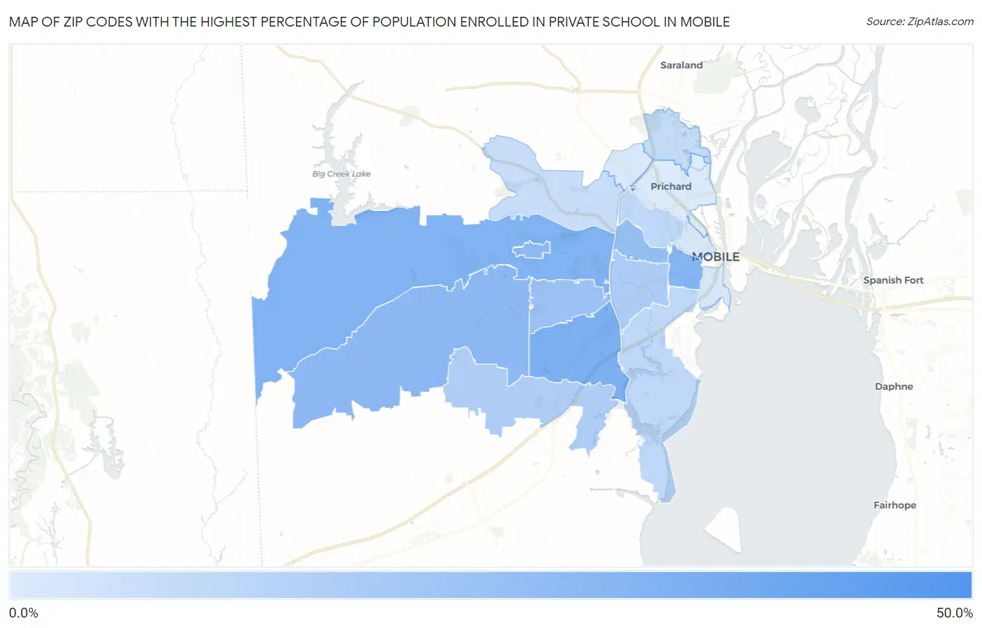 Zip Codes with the Highest Percentage of Population Enrolled in Private School in Mobile Map