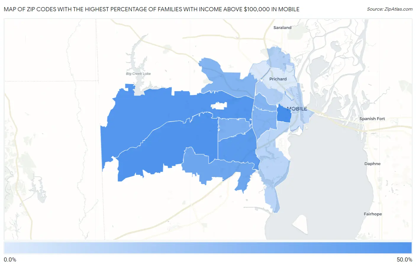 Zip Codes with the Highest Percentage of Families with Income Above $100,000 in Mobile Map