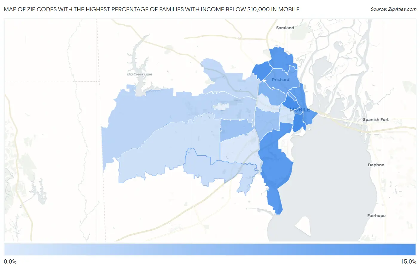 Zip Codes with the Highest Percentage of Families with Income Below $10,000 in Mobile Map