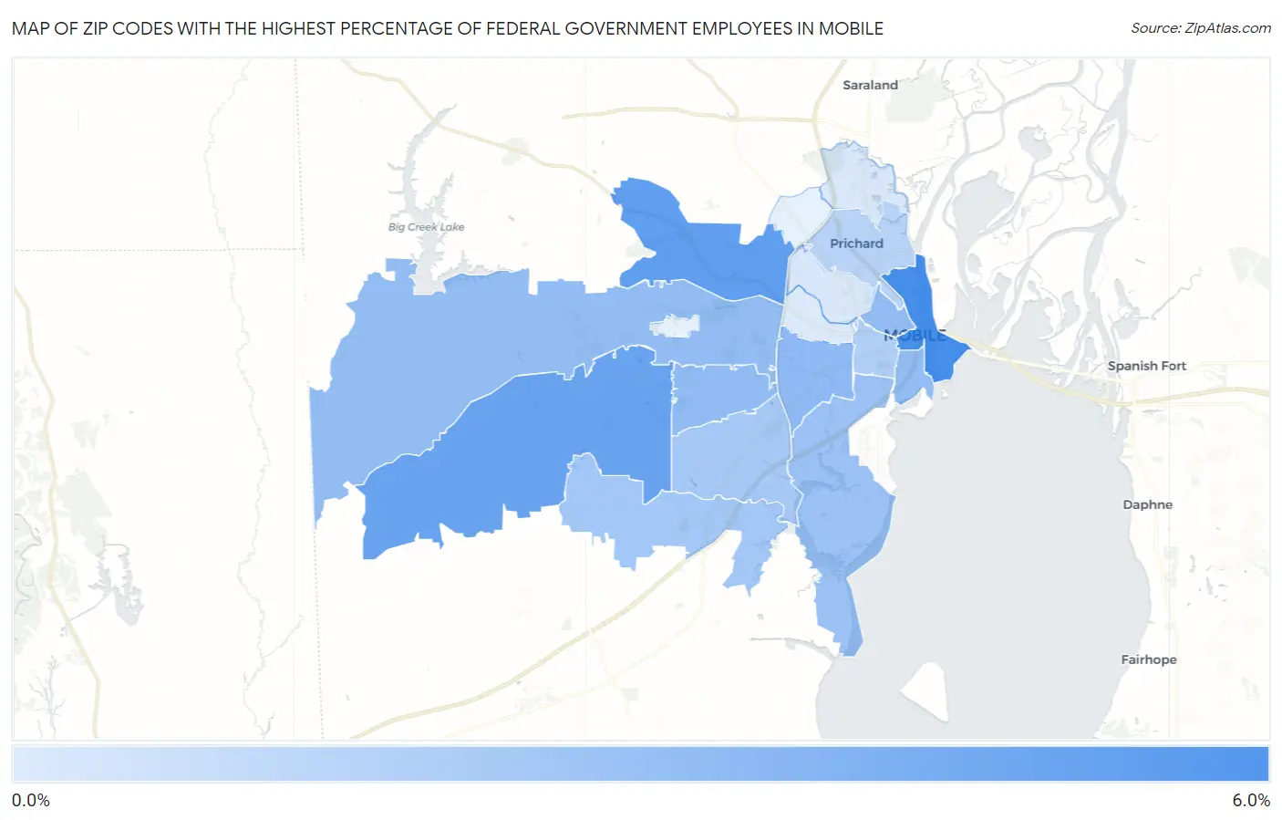 Zip Codes with the Highest Percentage of Federal Government Employees in Mobile Map