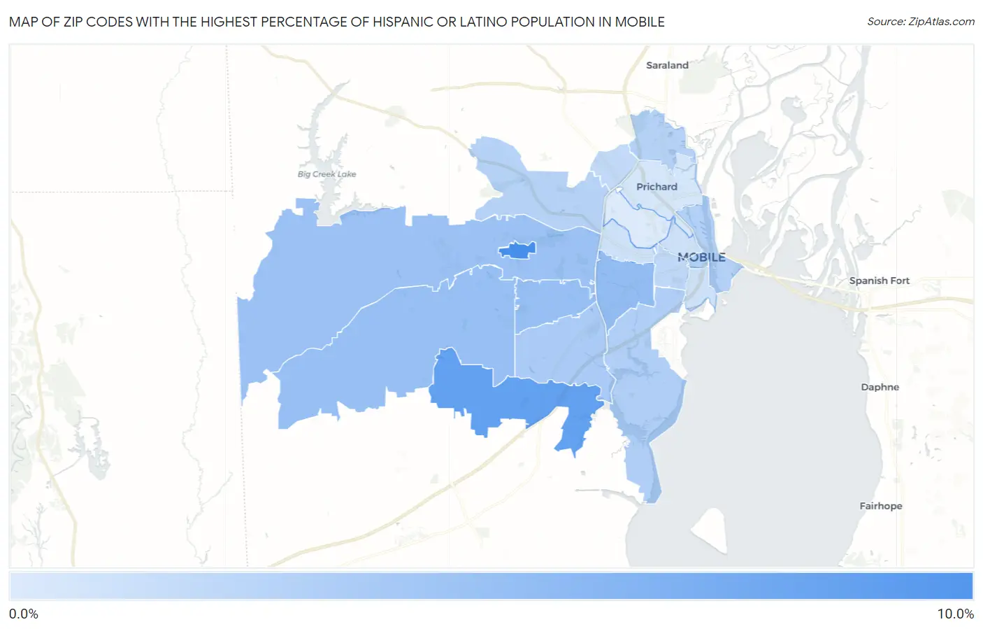 Zip Codes with the Highest Percentage of Hispanic or Latino Population in Mobile Map