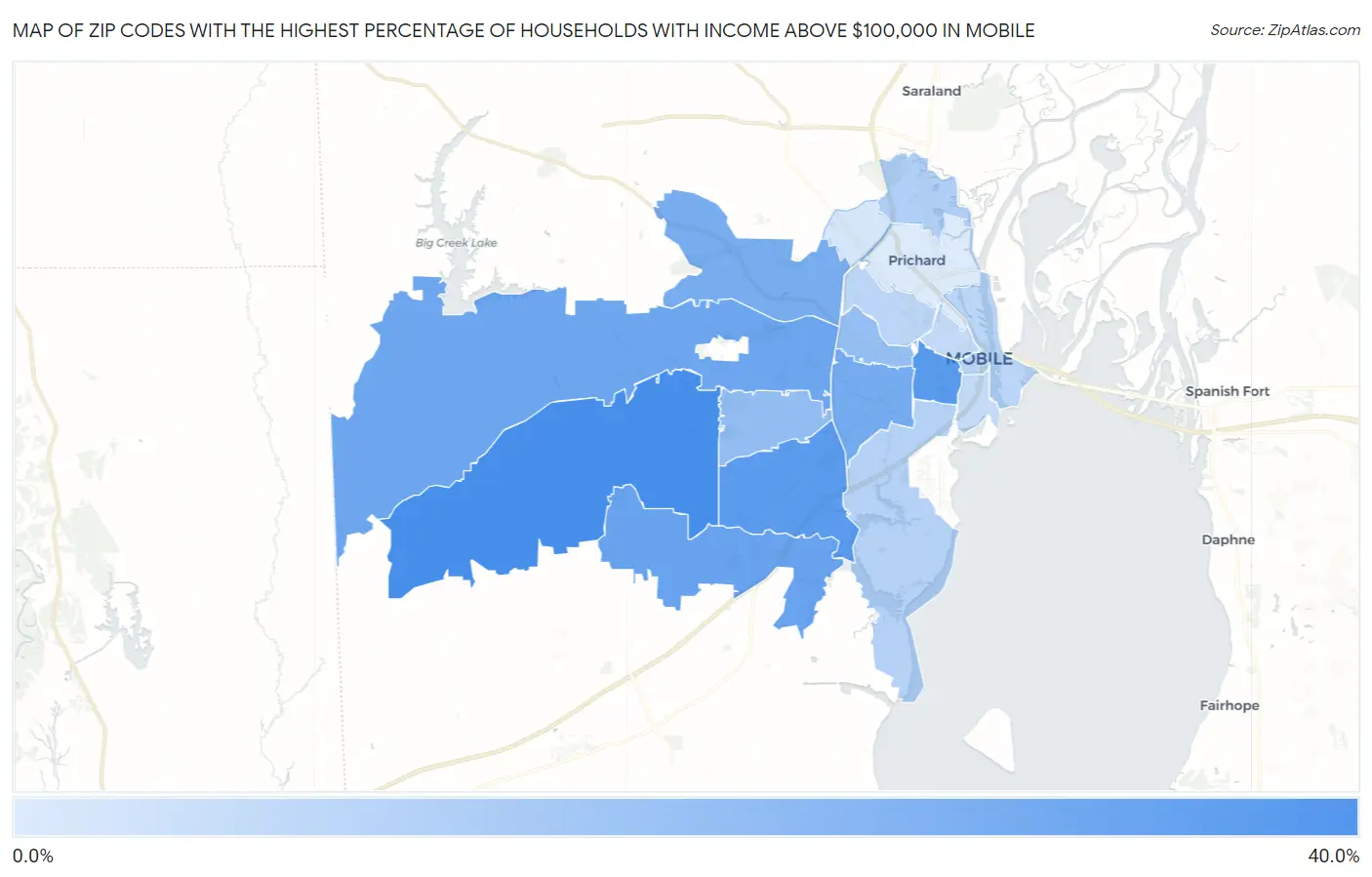 Zip Codes with the Highest Percentage of Households with Income Above $100,000 in Mobile Map