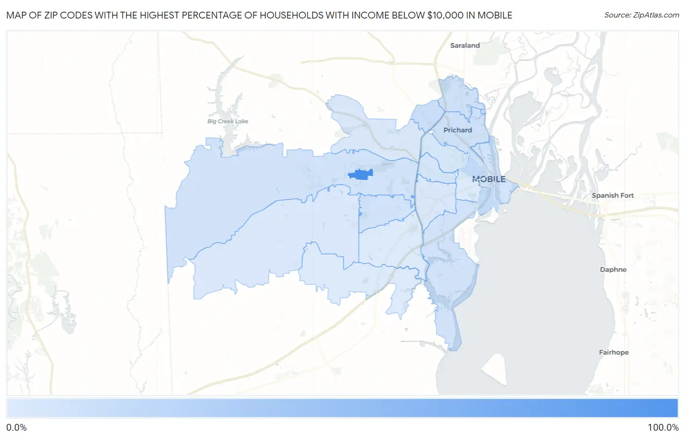 Zip Codes with the Highest Percentage of Households with Income Below $10,000 in Mobile Map