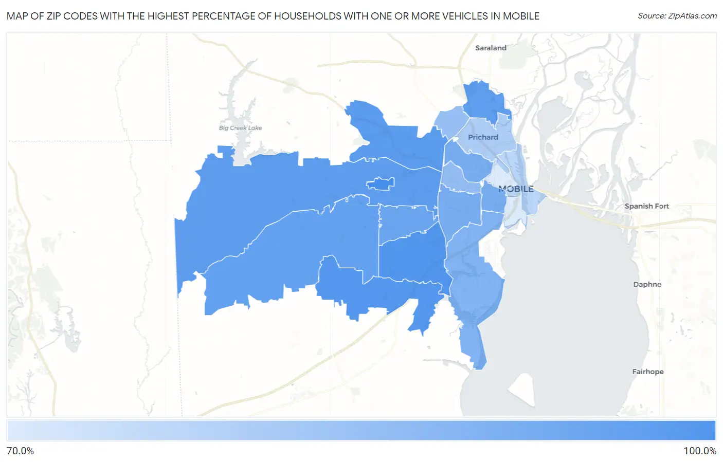 Zip Codes with the Highest Percentage of Households With One or more Vehicles in Mobile Map