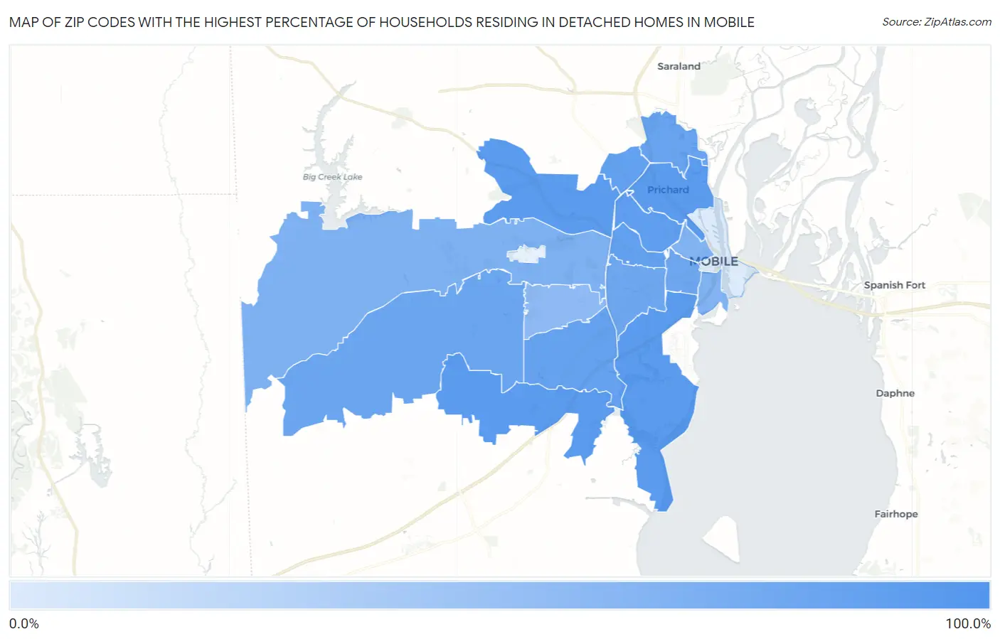 Zip Codes with the Highest Percentage of Households Residing in Detached Homes in Mobile Map