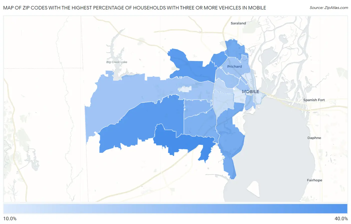 Zip Codes with the Highest Percentage of Households With Three or more Vehicles in Mobile Map