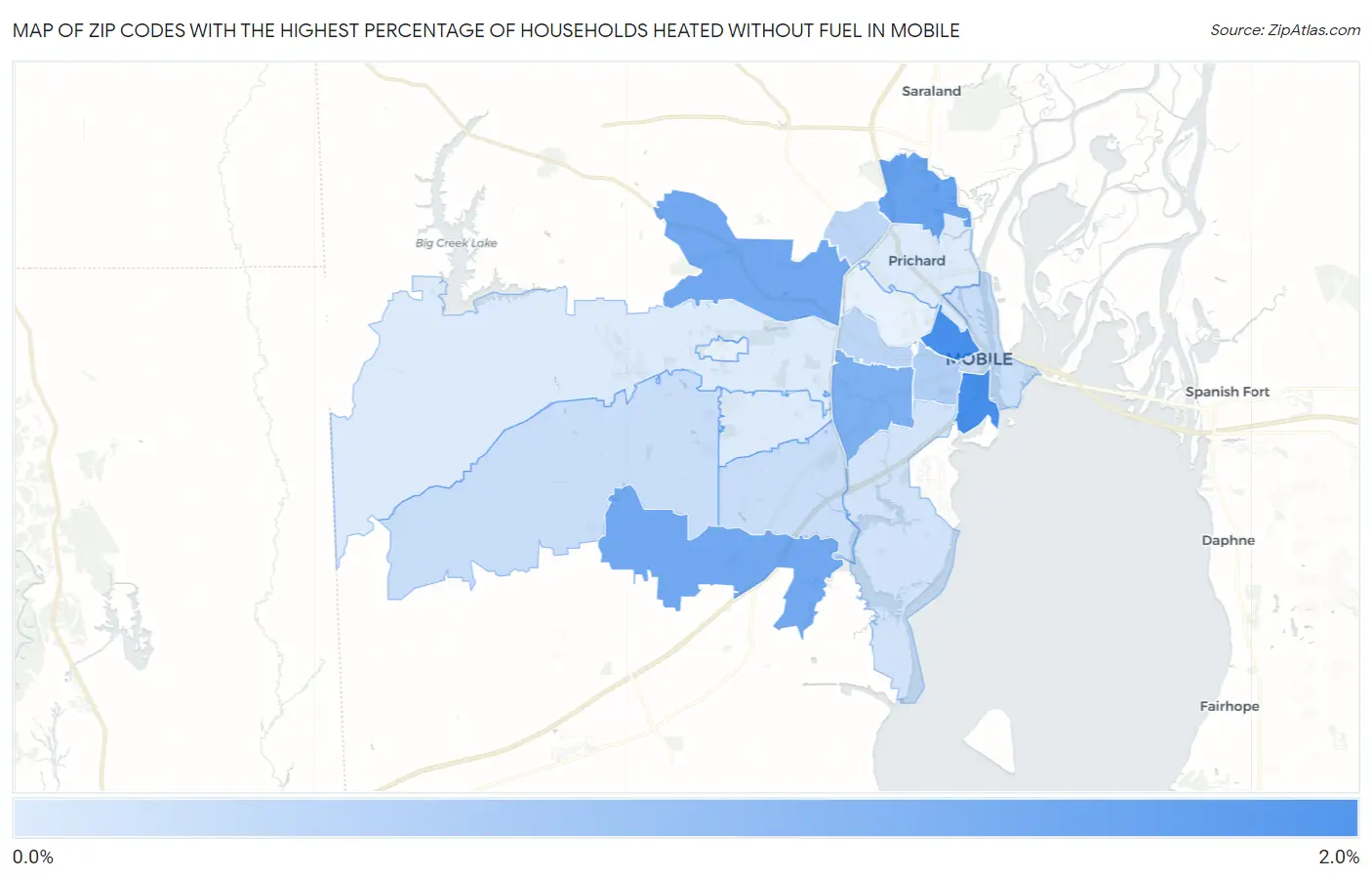 Zip Codes with the Highest Percentage of Households Heated without Fuel in Mobile Map