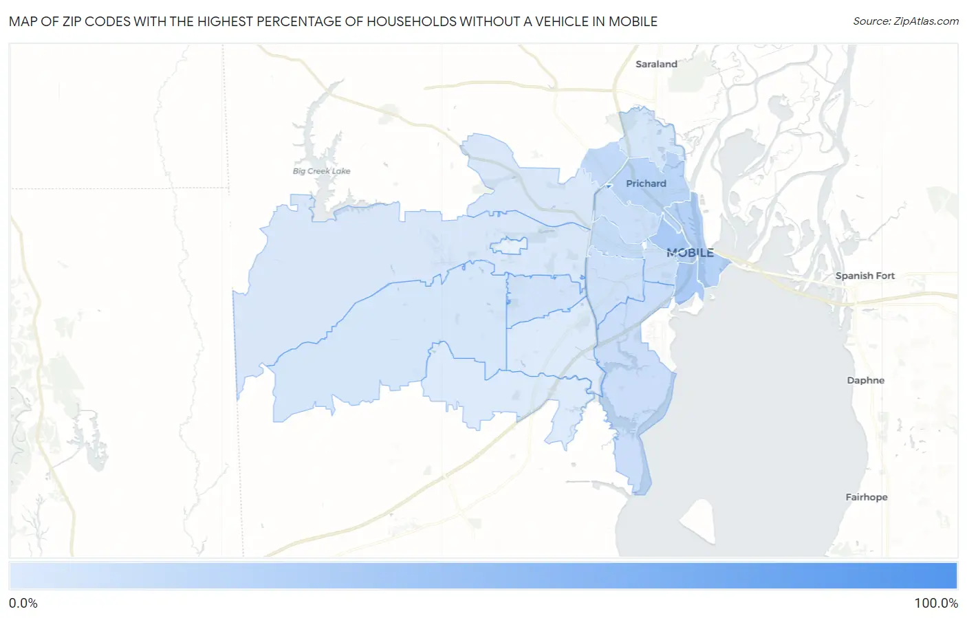 Zip Codes with the Highest Percentage of Households Without a Vehicle in Mobile Map