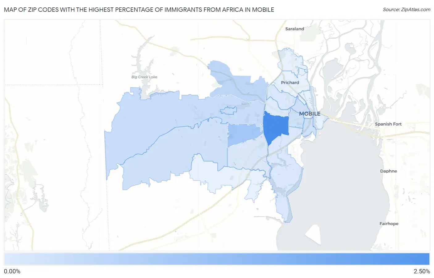 Zip Codes with the Highest Percentage of Immigrants from Africa in Mobile Map