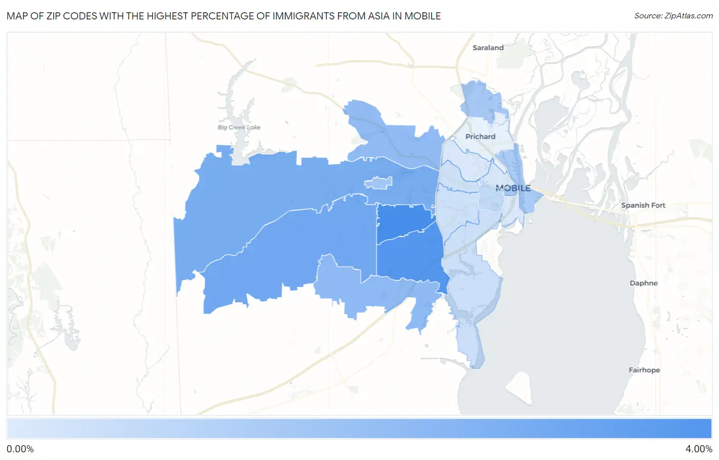 Zip Codes with the Highest Percentage of Immigrants from Asia in Mobile Map