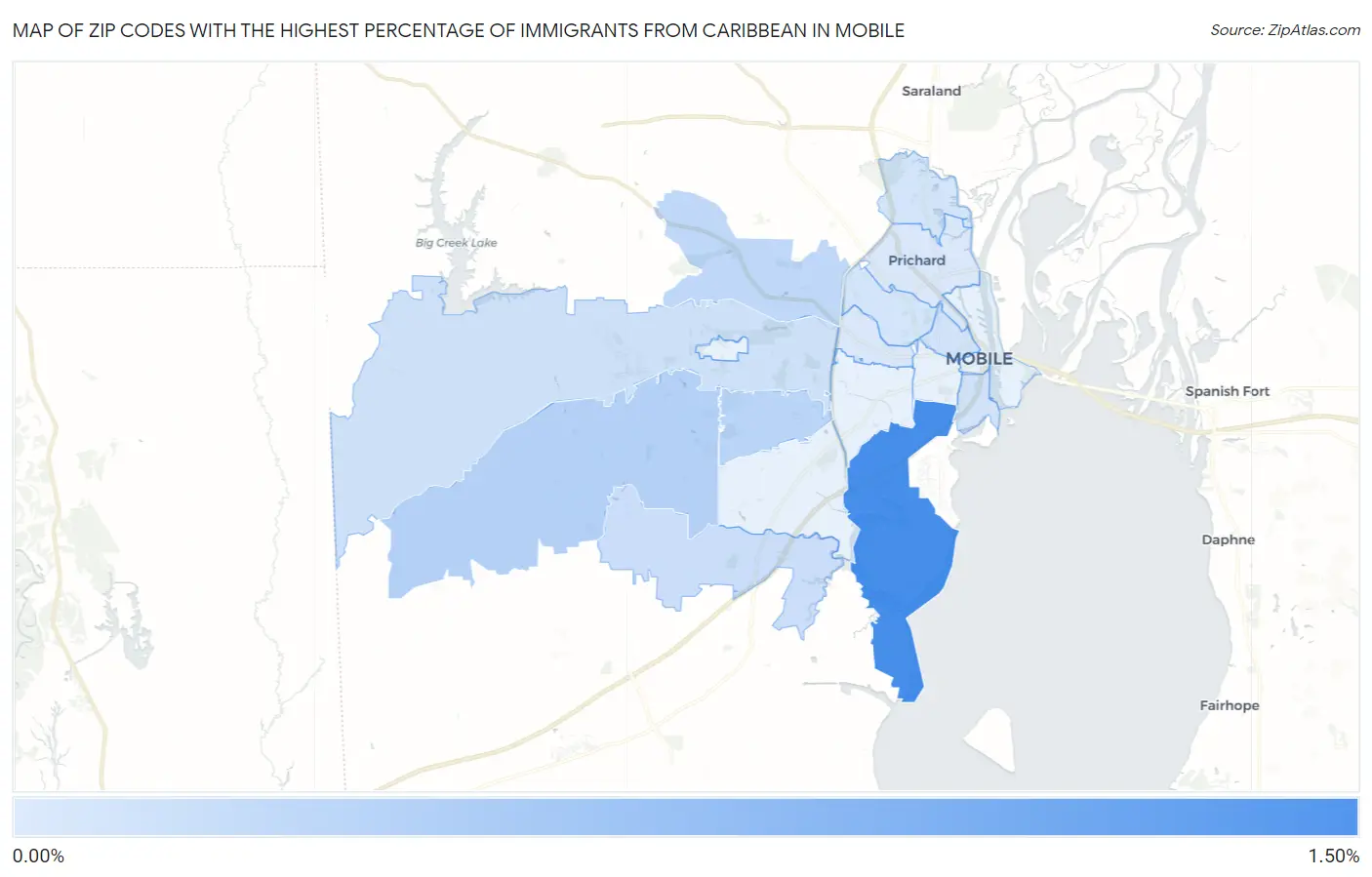 Zip Codes with the Highest Percentage of Immigrants from Caribbean in Mobile Map