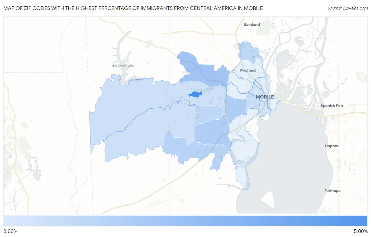 Zip Codes with the Highest Percentage of Immigrants from Central America in Mobile Map