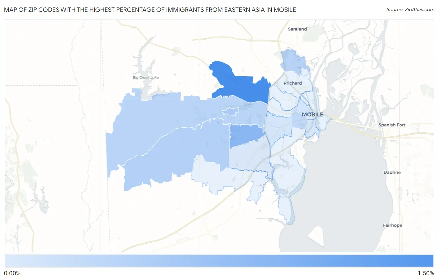 Zip Codes with the Highest Percentage of Immigrants from Eastern Asia in Mobile Map